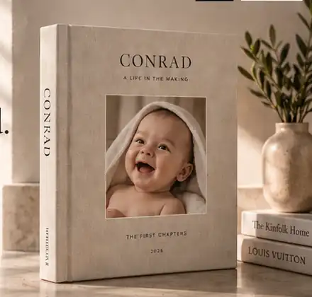 Concept image of a premium linen Dearly Told childhood book titled Conrad