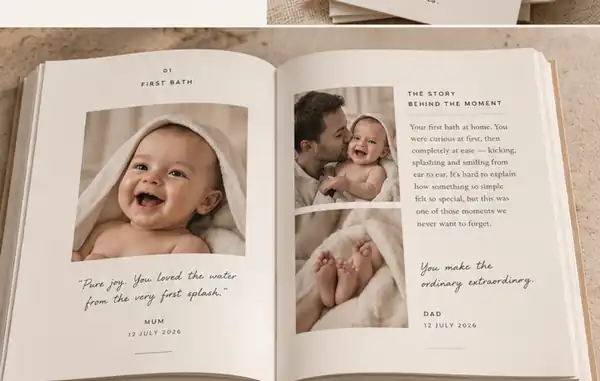 Editorial concept of a Dearly Told book showing a child's first bath and the story behind the moment